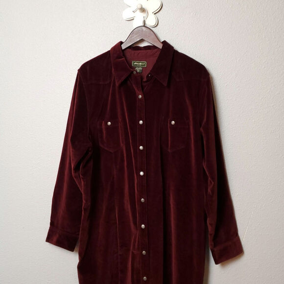 EDDIE BAUER (Tall) Velvet Snap Button Western Shirt Dress Wine Nightgown - Picture 2 of 9